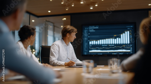 Young founder pitching sustainable agriculture tech to venture capitalists in modern conference room, soil samples and crop data on presentation screen, investors taking notes intently, perfect for 