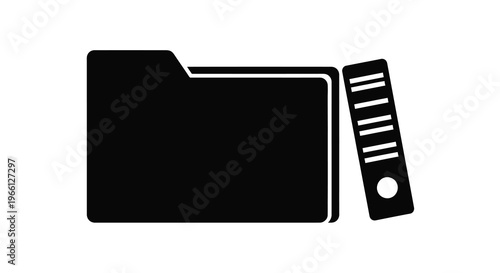 A simple black icon depicts a folder and a floppy disk representing data storage concepts high quality professional detailed modern elegant