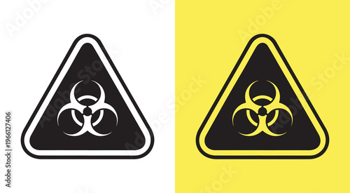 Set of biohazard warning symbols in multiple shapes including shield, triangle, diamond, circle and gear. 