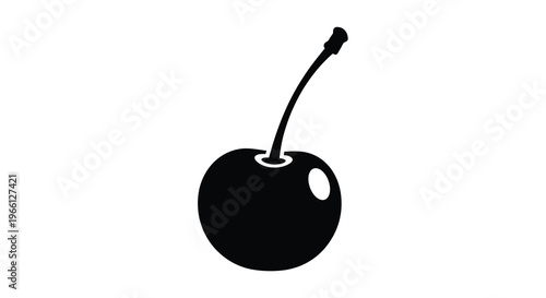 A simple black silhouette depicts a single cherry with a curved stem and a visible indentation high quality professional detailed modern