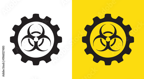 Set of biohazard warning symbols in multiple shapes including shield, triangle, diamond, circle and gear. 