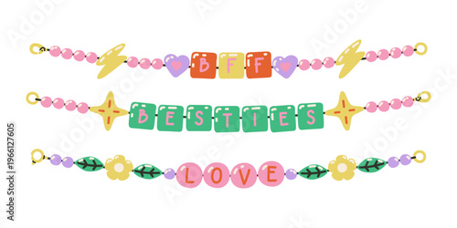 Y2K friendship bracelets set. Handmade beaded jewelry with letters, stars, hearts, and plant. Colorful funky nostalgic  DIY accessories in retro doodle style.
