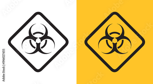 Set of biohazard warning symbols in multiple shapes including shield, triangle, diamond, circle and gear. 