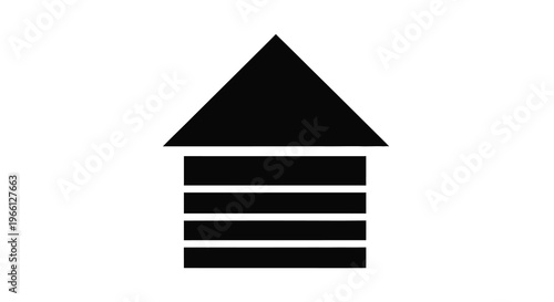 A simple black icon depicts a house with a triangular roof and three horizontal lines below high quality professional detailed modern