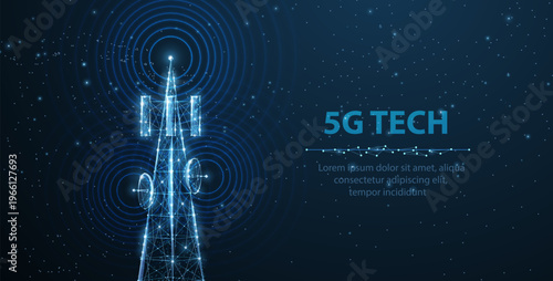 5G telecom tower with glowing signal waves on blue background. Wireless communication, mobile network, internet connection, digital infrastructure, future technology concept. Vector illustration