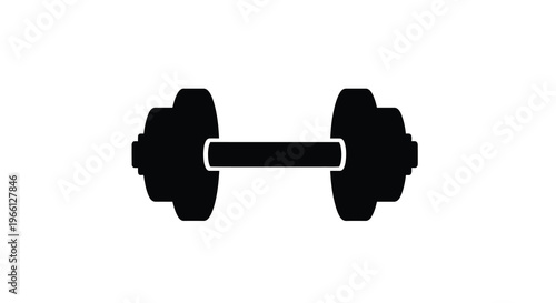 A simple black and white silhouette depicts a classic dumbbell commonly used for strength training and exercise high quality professional detailed