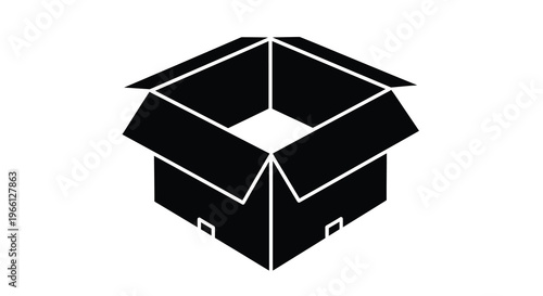 A stark black and white illustration depicts an open cardboard box viewed from a slightly elevated angle high quality professional detailed