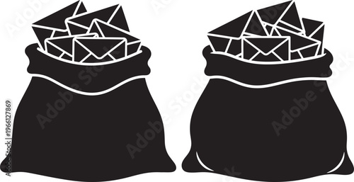 Silhouette of two large sacks filled with many sealed envelopes for mail delivery service.