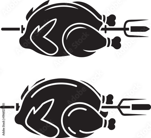 Black and white silhouette of two roasted chickens on rotisserie spits for cooking