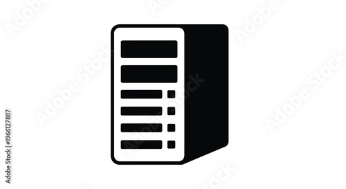 A simple black and white icon depicts a server rack showcasing rows of server slots or bays high quality professional detailed