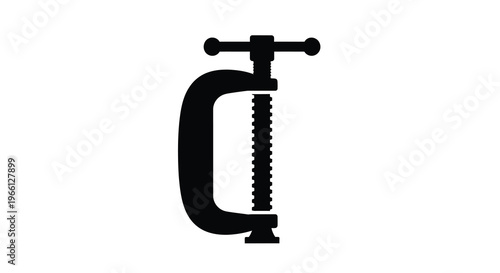 A stark black and white silhouette depicts a classic c clamp a tool used for holding objects securely high quality professional