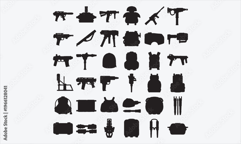 Obraz premium Military icon set. Containing Military Equipment, tools, aids, appliances, and more. Vector illustration