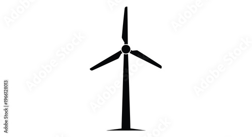 A simple black silhouette of a three bladed wind turbine stands prominently against a stark white background high quality professional detailed