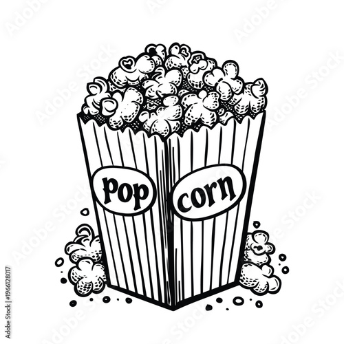 Single popcorn bucket with pop corn label text black white ink vector illustration