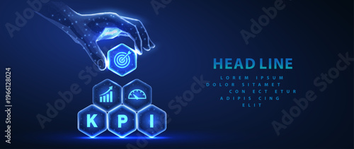 Digital hand arranging KPI blocks on blue background. Business analytics, performance measurement, data management, strategy planning, smart reporting, future technology concept. Vector illustration