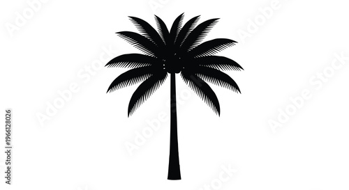 A stark black silhouette of a tropical palm tree stands prominently against a completely white background high quality professional detailed modern