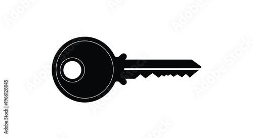 A simple stark black silhouette depicts a classic key with a circular head and a jagged bit high quality professional detailed