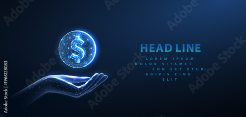 Glowing dollar coin above digital hand on blue background. Financial support, investment concept, online payment, business profit, virtual money, fintech technology idea. Vector illustration