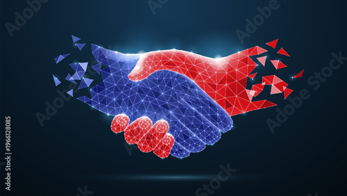 Polygonal handshake in red and blue colors on dark background. Partnership concept, business agreement, trust connection, teamwork support, digital collaboration idea. Vector illustration