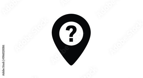 A simple black location pin icon features a white circle containing a black question mark inside high quality professional detailed modern