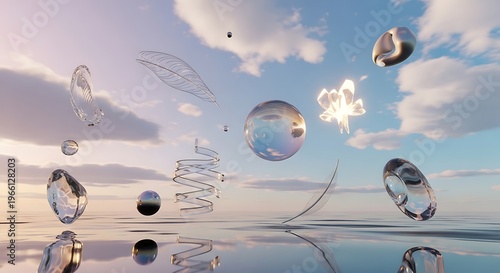 Flying Over Earth in Space with Floating Bubbles and Clouds