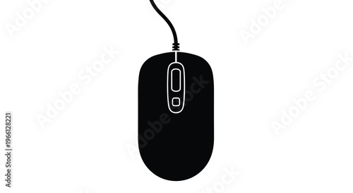 A minimalist black and white illustration depicts a computer mouse from a top down perspective on a white background high quality