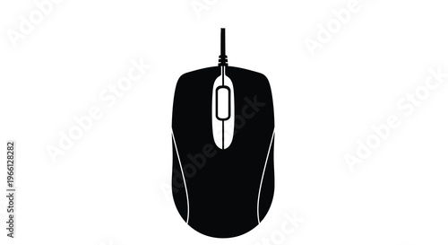 A stark black and white silhouette depicts a modern computer mouse showcasing its ergonomic shape and scroll wheel high quality professional