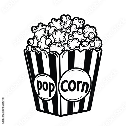 Popcorn bucket with pop corn label circle badge black white vector illustration