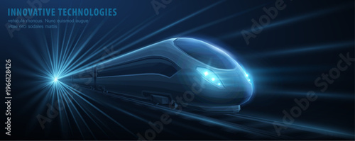 Futuristic high speed train on blue background. Smart transport, modern railway, innovation mobility, engineering design, rapid transit system, future travel technology concept. Vector illustration