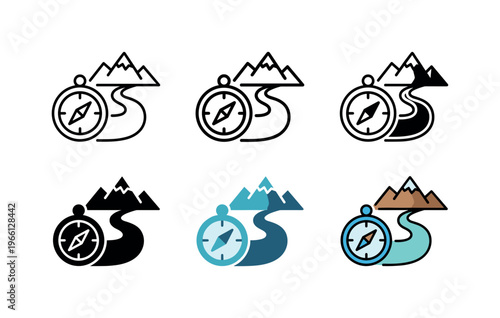 Trekking and navigation icons featuring compasses and mountain paths