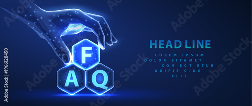 Digital hand arranging FAQ blocks on blue background. Customer support, question answer concept, online help, virtual service, information system, smart communication idea. Vector illustration