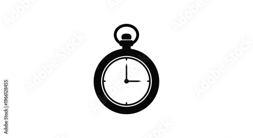 A simple black silhouette depicts a classic pocket watch with a circular face and a chain loop high quality professional detailed