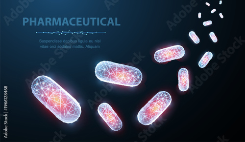 Glowing pharmaceutical capsules on dark blue background. Medicine technology, drug delivery, healthcare science, medical treatment, biotech research, future pharmacy concept. Vector illustration
