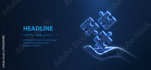 Digital hand holding jigsaw puzzle pieces on blue background. Problem solving, business solution, teamwork, innovation strategy, connection system, future idea concept. Vector illustration