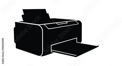 A minimalist black silhouette depicts a standard office printer with an extended output tray isolated on white high quality professional detailed