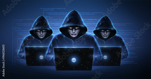 Three hooded hackers using laptops on dark blue background. Cyber attack, data breach, online crime, network security threat, malicious code, digital fraud concept. Vector illustration