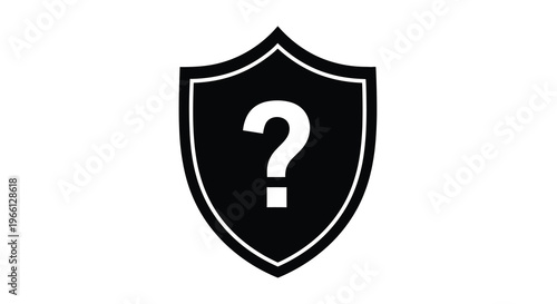 A stark black shield icon prominently displays a white question mark at its center symbolizing uncertainty high quality professional detailed modern