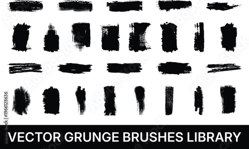 Vector grunge brushes library with black brush strokes on white background