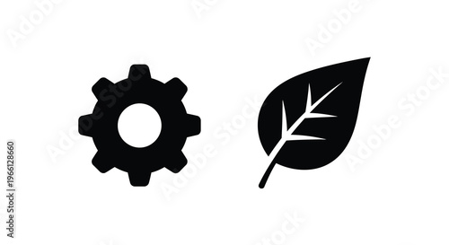 A simple graphic displays a black gear icon alongside a black leaf symbolizing technology and nature high quality professional detailed modern