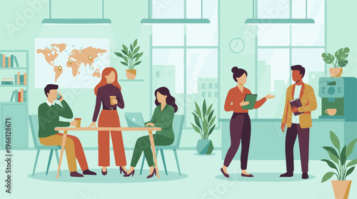 Employees collaborating in a modern business office with global map