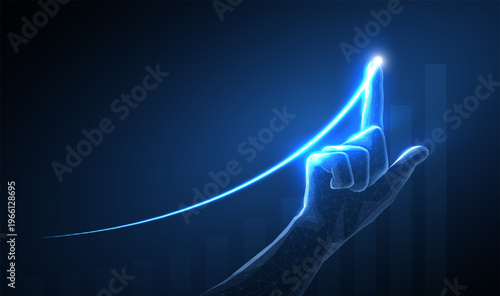 Glowing digital hand and rising line on blue background. Business growth, data analytics, success trend, virtual interface, financial technology, future strategy concept. Vector illustration
