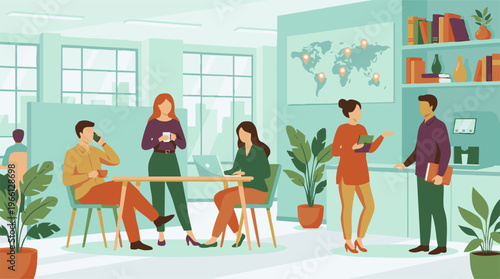 Diverse professionals working and collaborating in a modern open-plan office