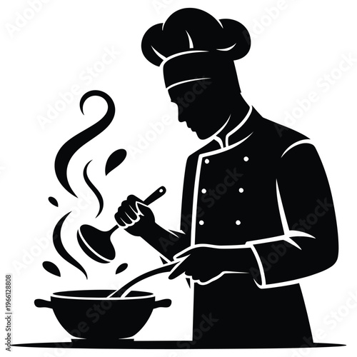 A skilled chef stirring a pot depicted in a striking black and white silhouette