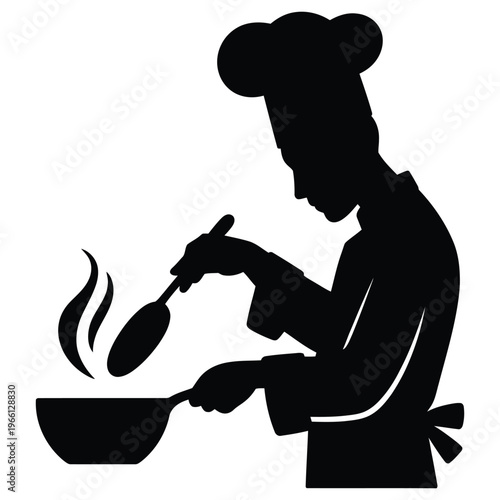 A skilled chef stirring a pot depicted in a striking black and white silhouette