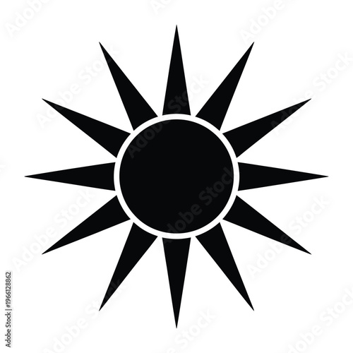A stark black sunburst design with sharp rays emanating from a central circle silhouette