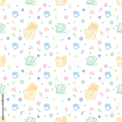 Hand Drawn Colorful Summer Picnic Seamless Vector Pattern with Teapot of Lemon Tea, Flower Cup, Flowers, Cherries, Flower Basket, and Bakery Basket