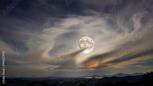 A serene nighttime landscape with a glowing full moon shining through wispy clouds over a mountain range at dusk