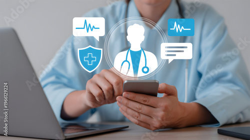 Doctor Using Smartphone for Telemedicine Online Consultation and Digital Healthcare Services Interface