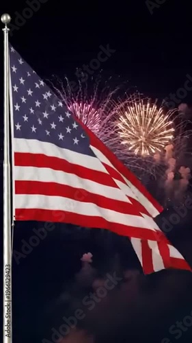 American flag waving at night with fireworks exploding in the background, symbolizing celebration and patriotism on a national holiday