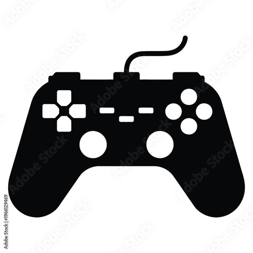 A modern gaming controller design is prominently displayed as a stark black silhouette